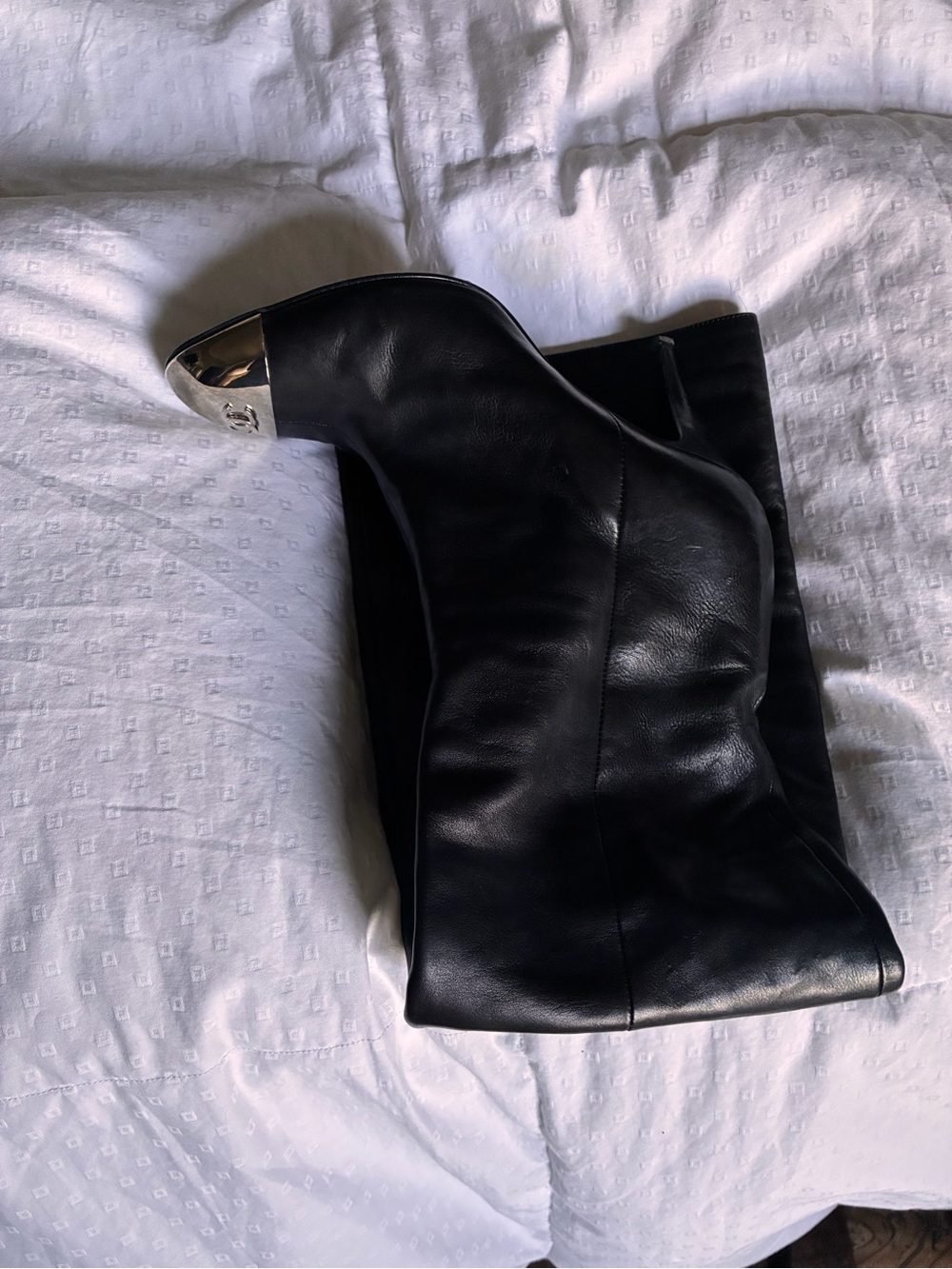 AUTHENTIC Black Leather CHANEL Knee-High Boots with Silver Cap Toe - Picture 6 of 12